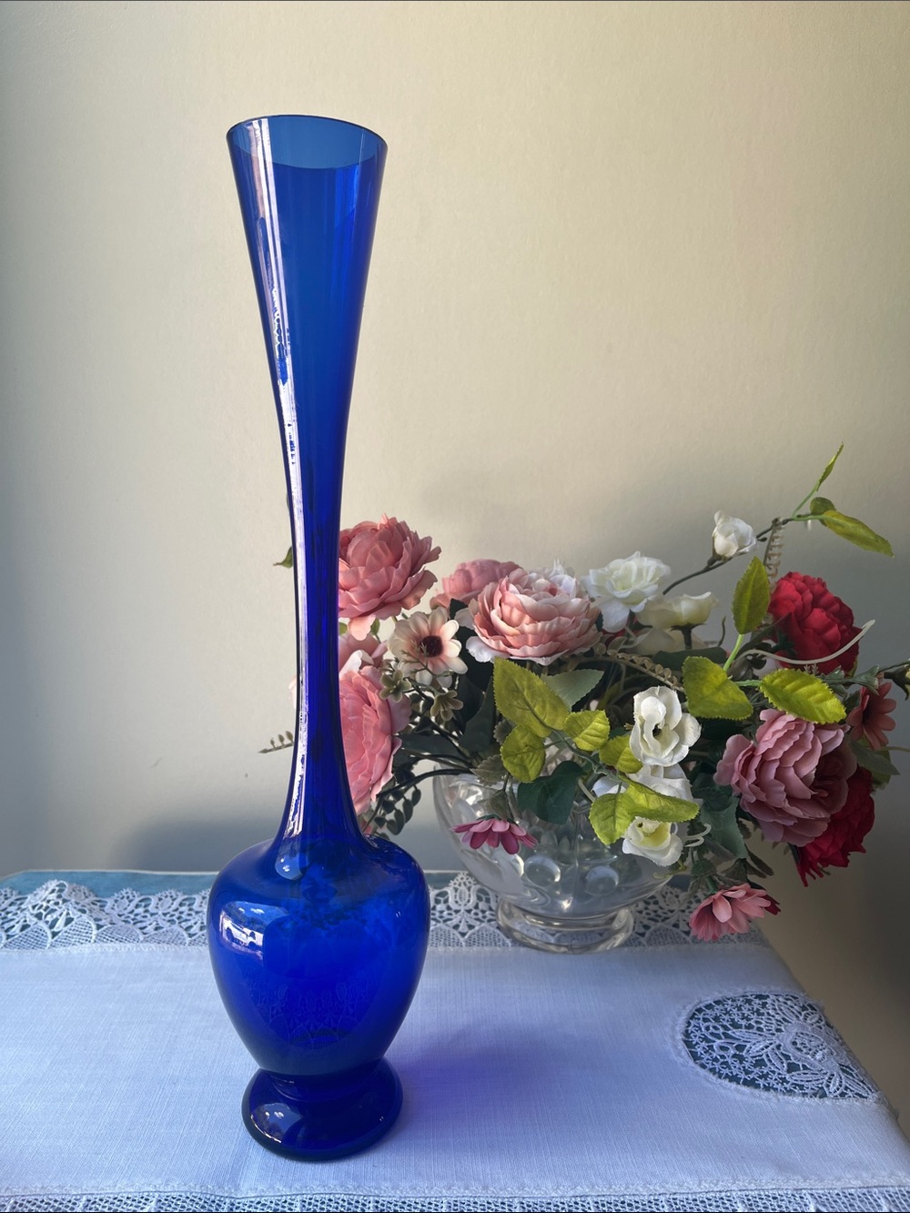 Vintage MCM Cobalt Blue Glass Bulb Vase 15"